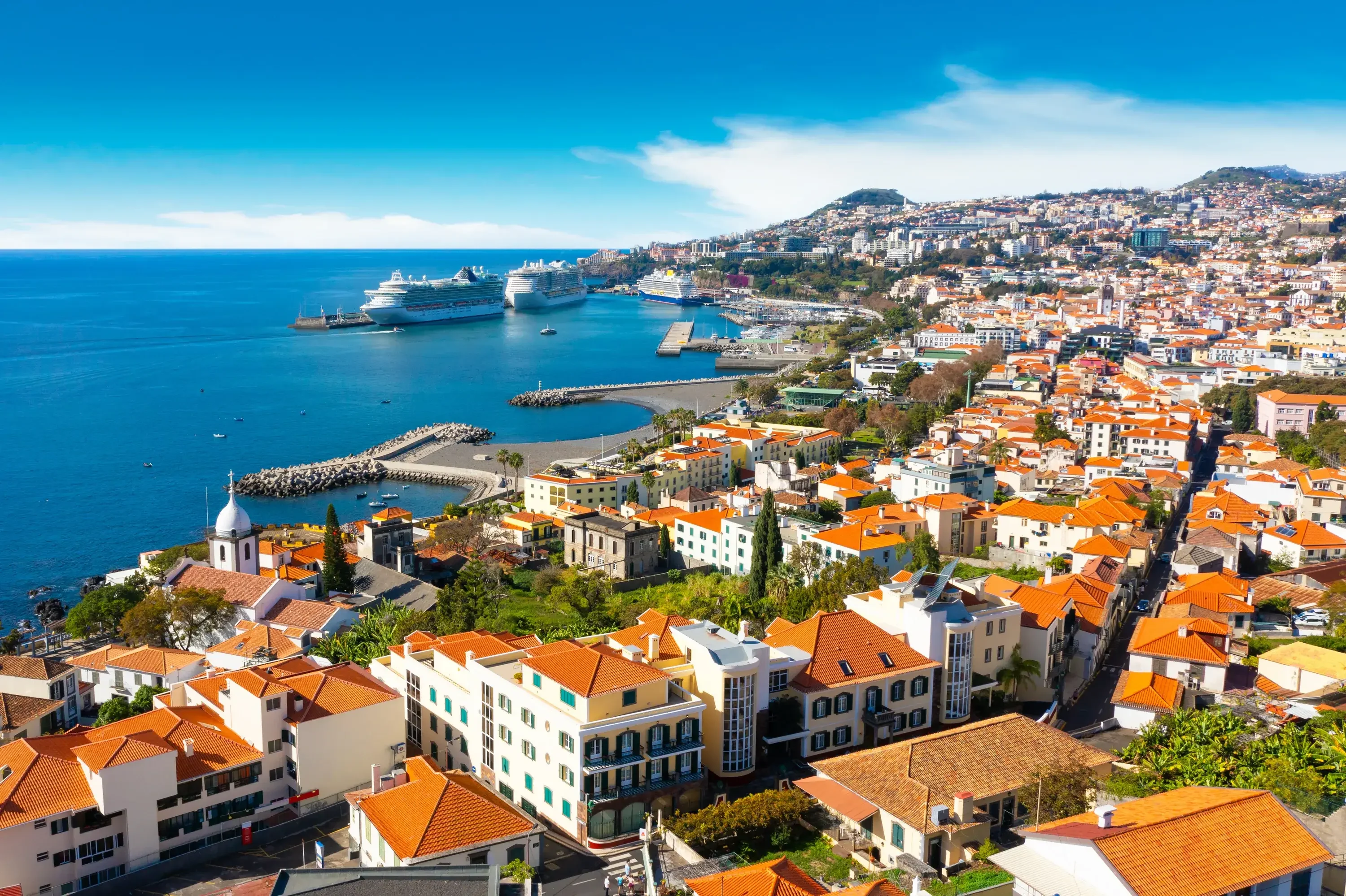 Costa de Madeira con casas de techos rojos, Portugal